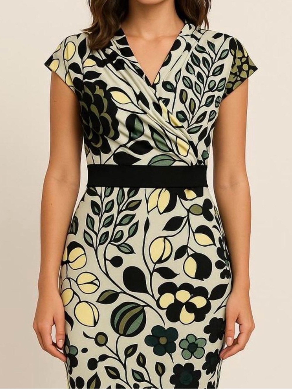 Catherine Malandrino Faux Wrap Cream Dress with Black and Green Floral Print